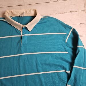 90s Y2K J.J. Cochran Rugby Shirt XXXL Tall Man Teal White Stripe Polo USA Made